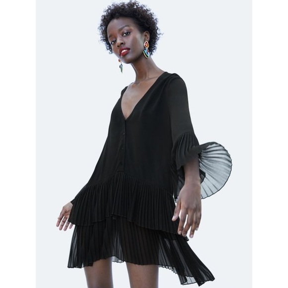 Zara Black Pleated Mini Dress/Blouse - Size Small - Picture 1 of 11